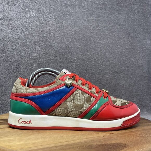 VTG Coach Sneakers Oriana Women's Size 9.5 Rhinestones Charms Logo Red Khaki Y2K - Picture 1 of 9